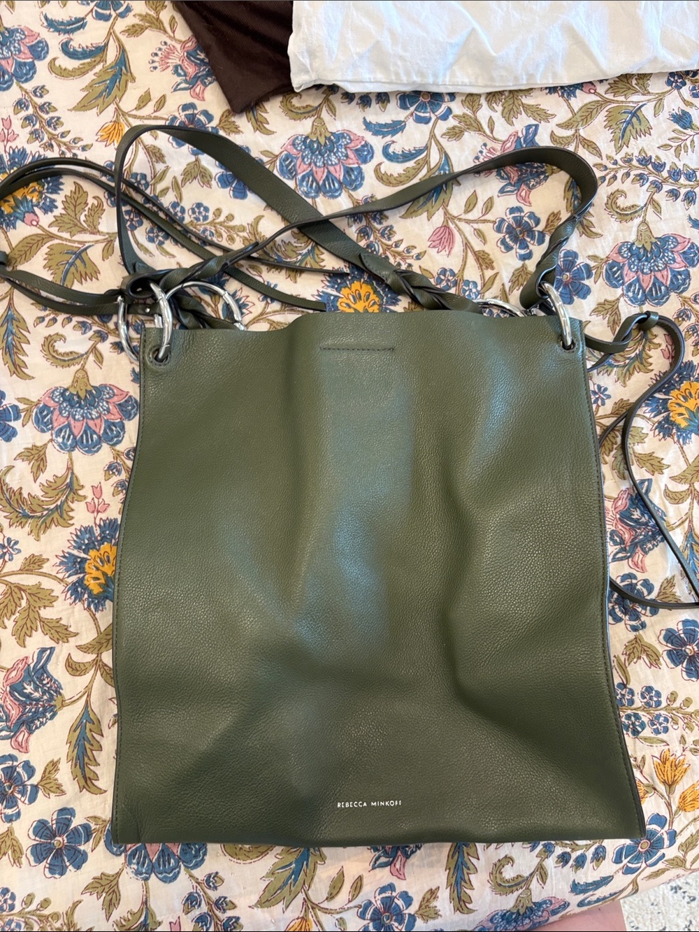 Rebecca Minkoff Olive Green Leather Tote with Silver Hardware & Shoulder Strap
